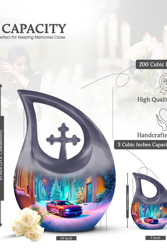 Dusty Blue Car Cremation Urn back view with polished surface - cross and car combined in spiritual memorial design - mini keepsake memorial for portion of cremation ashes