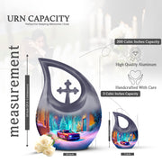 Dusty Blue Car Cremation Urn back view with polished surface - cross and car combined in spiritual memorial design - mini keepsake memorial for portion of cremation ashes