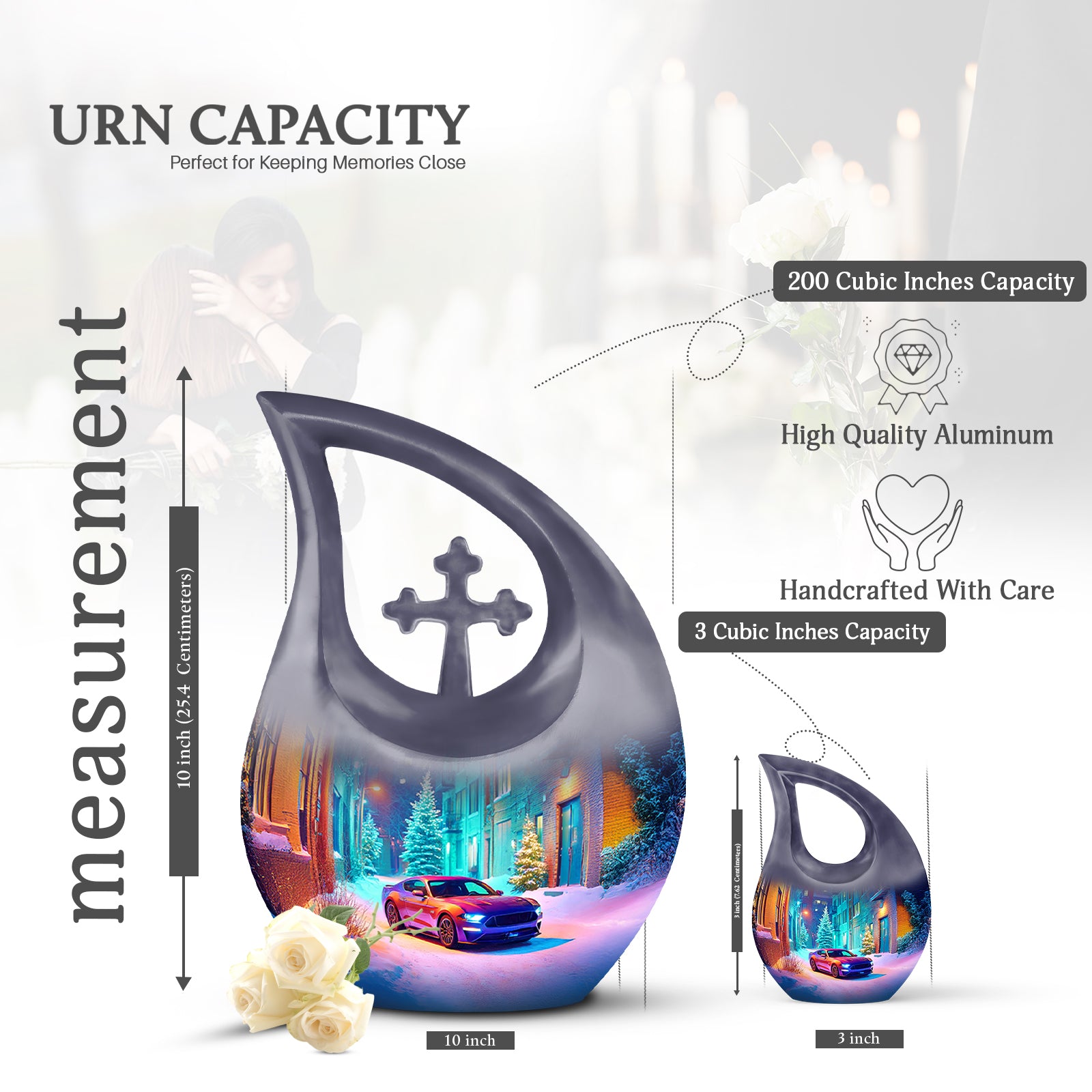 Dusty Blue Car Cremation Urn back view with polished surface - cross and car combined in spiritual memorial design - mini keepsake memorial for portion of cremation ashes