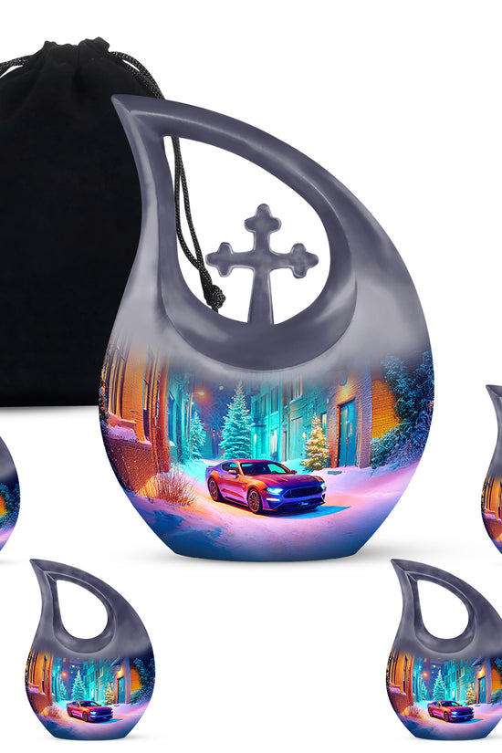 Sky Blue Car Cremation Urn urn with complimentary velvet bag - cross and car combined in spiritual memorial design - memorial set with one large and four small urns