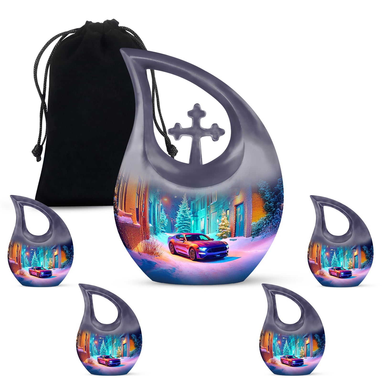 Sky Blue Car Cremation Urn urn with complimentary velvet bag - cross and car combined in spiritual memorial design - memorial set with one large and four small urns