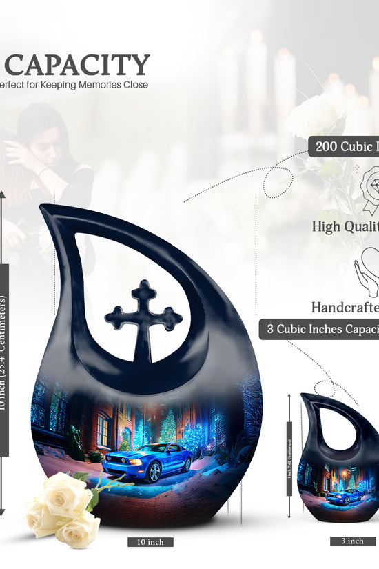 Sapphire Blue Car Cremation Urn back view with polished surface - faith-inspired cross-drop urn with car pattern - mini keepsake memorial for portion of cremation ashes
