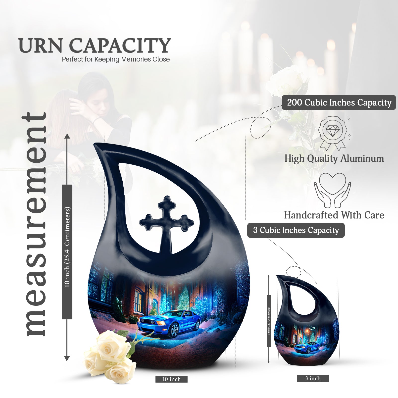 Sapphire Blue Car Cremation Urn back view with polished surface - faith-inspired cross-drop urn with car pattern - mini keepsake memorial for portion of cremation ashes
