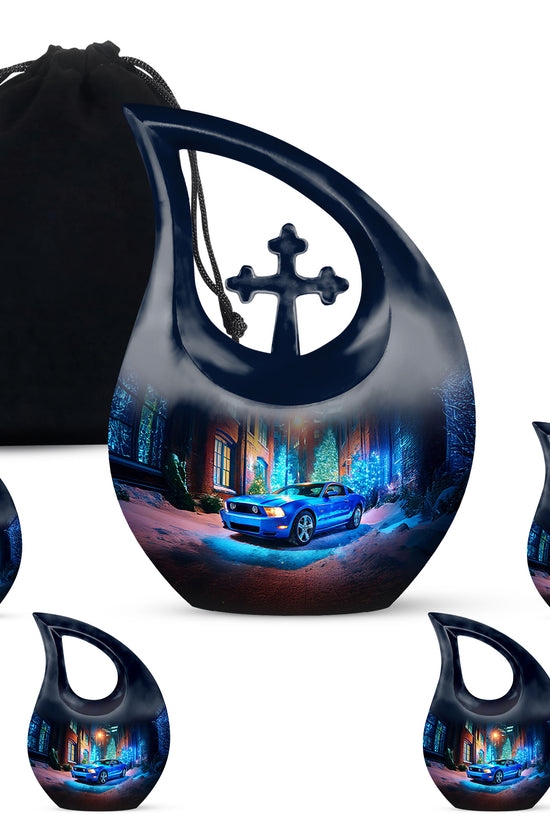 Calming Blue Car Cremation Urn urn with complimentary velvet bag - faith-inspired cross-drop urn with car pattern - memorial set with one large and four small urns