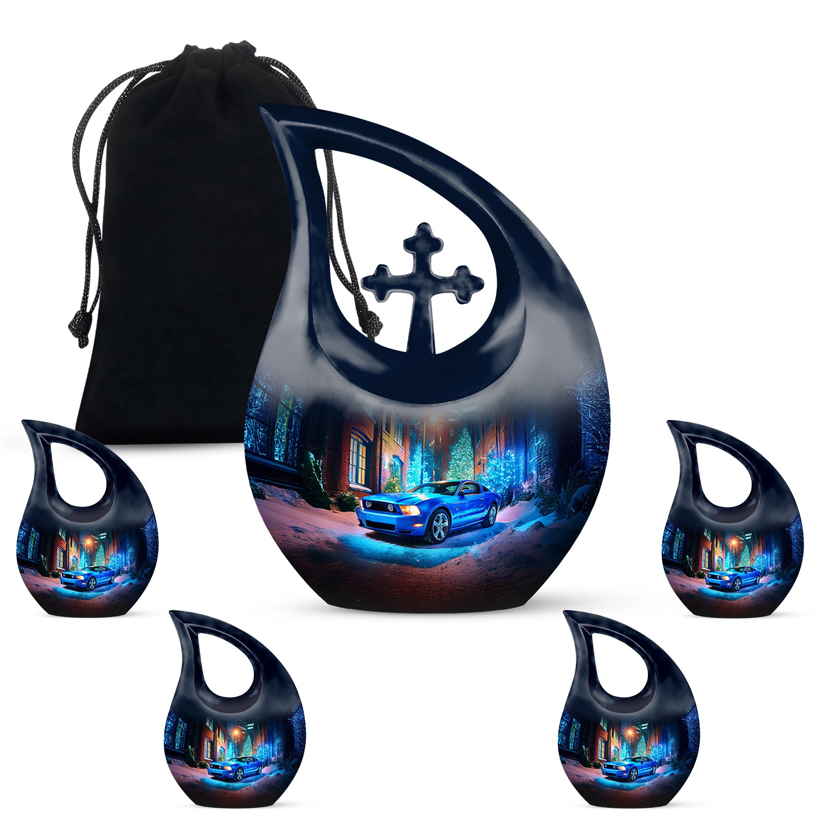Calming Blue Car Cremation Urn urn with complimentary velvet bag - faith-inspired cross-drop urn with car pattern - memorial set with one large and four small urns
