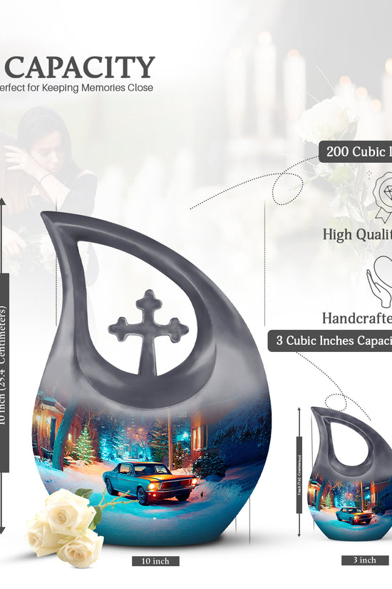 Smoke Gray Car Cremation Urn back view with polished surface - devotional cross-drop car engraving - mini keepsake memorial for portion of cremation ashes