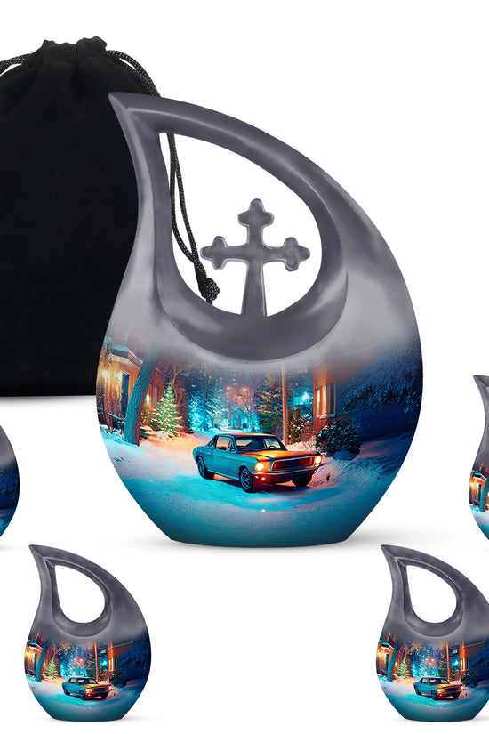 Pewter Gray Car Cremation Urn urn with complimentary velvet bag - sacred cross merged with car motif on metal - memorial set with one large and four small urns