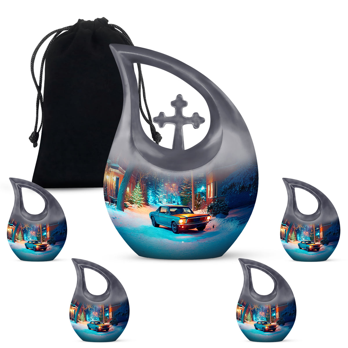 Pewter Gray Car Cremation Urn urn with complimentary velvet bag - sacred cross merged with car motif on metal - memorial set with one large and four small urns