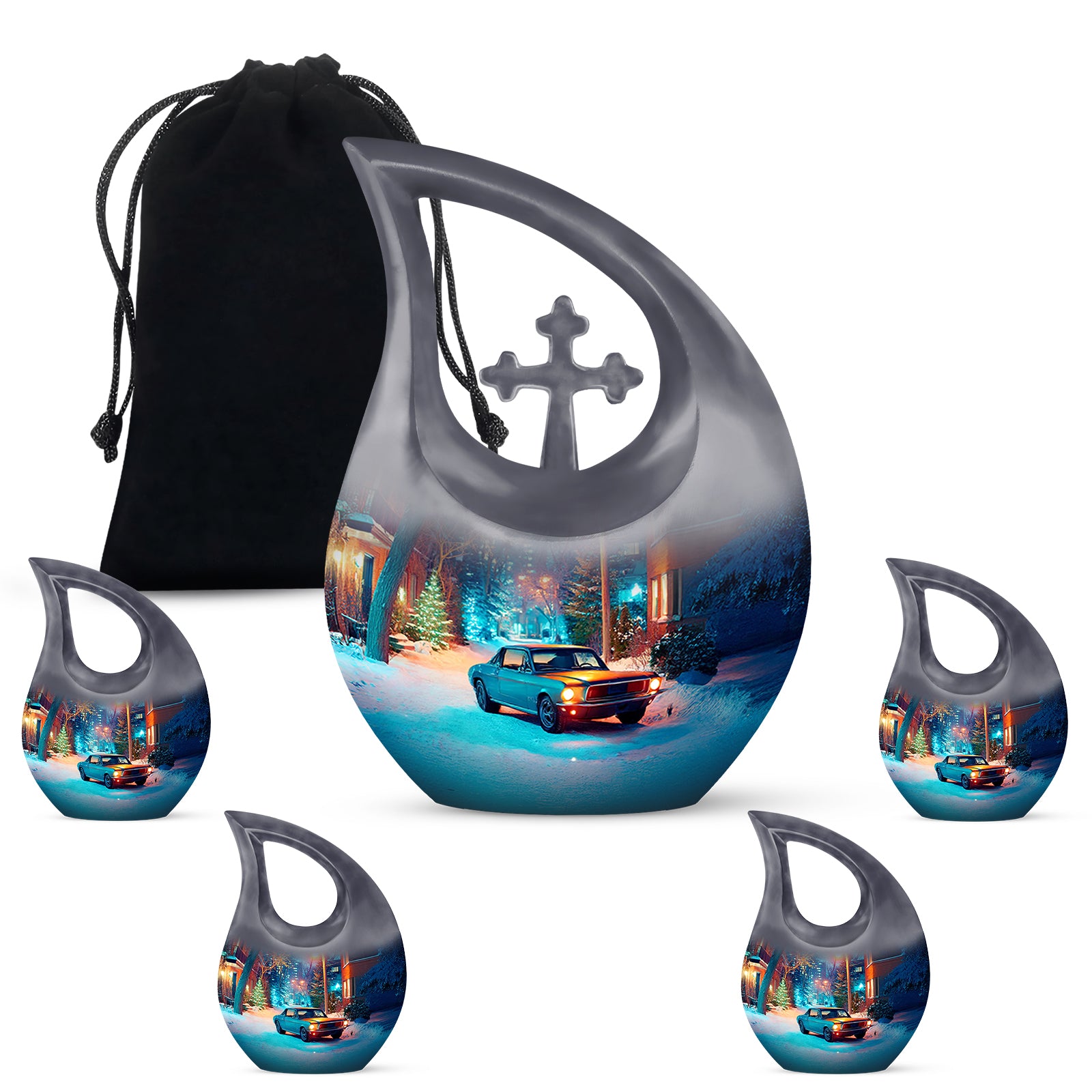 Pewter Gray Car Cremation Urn urn with complimentary velvet bag - sacred cross merged with car motif on metal - memorial set with one large and four small urns