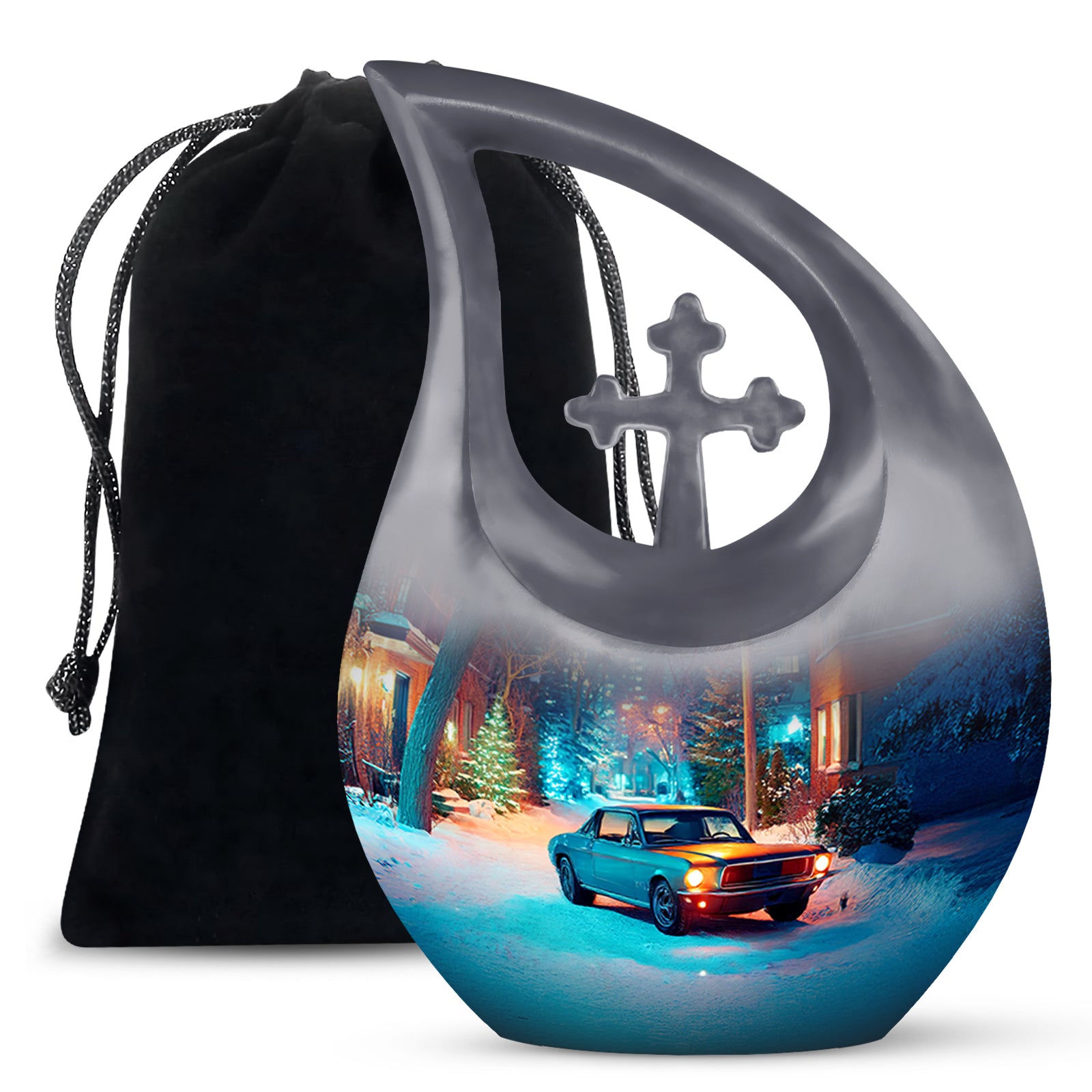 Silver Gray Car Cremation Urn top-down view of secure threaded lid - cross and car combined in spiritual memorial design - full-size 10 inch 200 cubic inch adult cremation urn