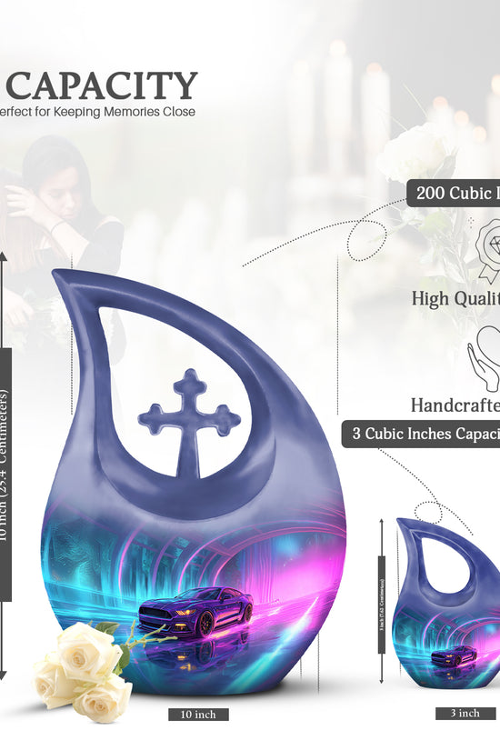 Azure Car Cremation Urn back view with polished surface - cross and car combined in spiritual memorial design - mini keepsake memorial for portion of cremation ashes