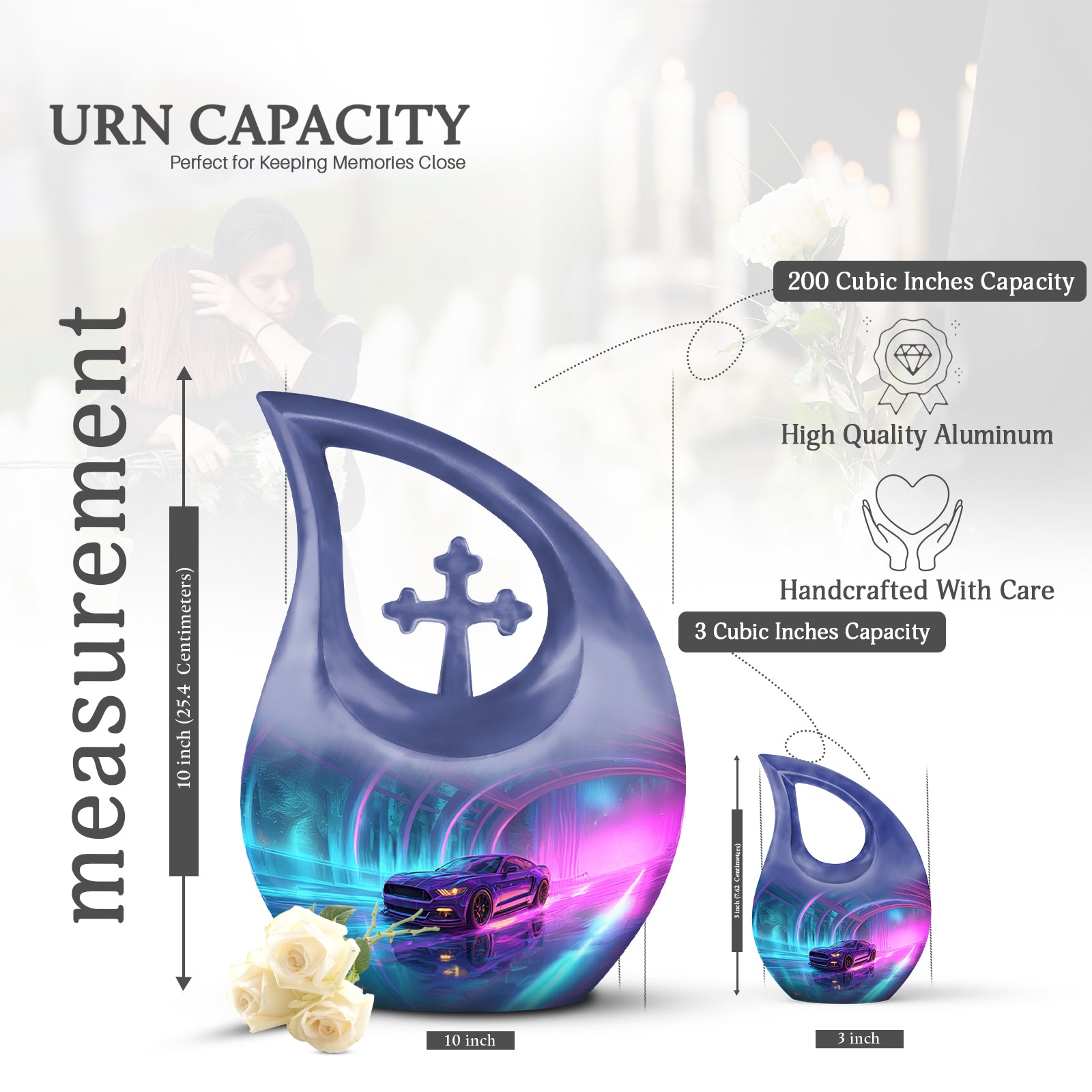 Azure Car Cremation Urn back view with polished surface - cross and car combined in spiritual memorial design - mini keepsake memorial for portion of cremation ashes