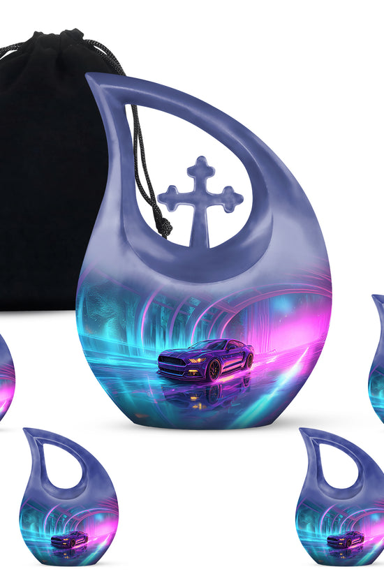 Pastel Blue Car Cremation Urn urn with complimentary velvet bag - sacred cross merged with car motif on metal - memorial set with one large and four small urns