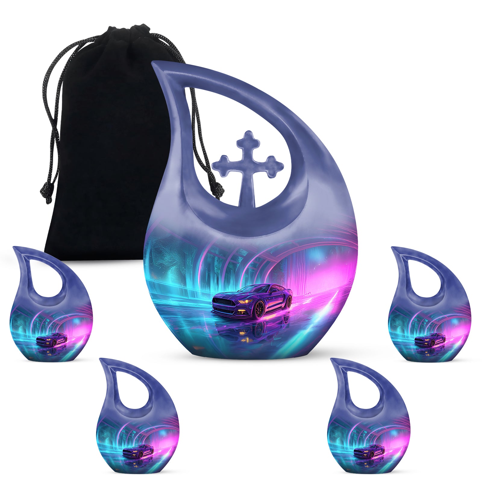 Pastel Blue Car Cremation Urn urn with complimentary velvet bag - sacred cross merged with car motif on metal - memorial set with one large and four small urns