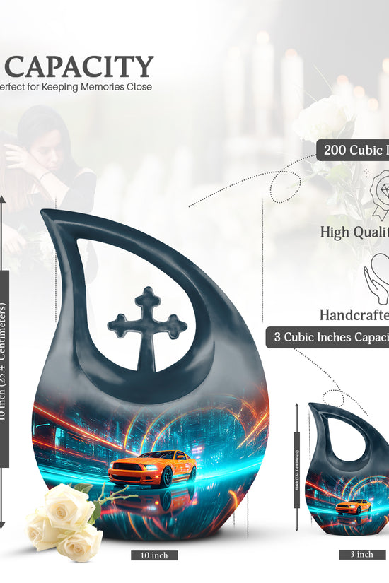 Cobalt Blue Car Cremation Urn back view with polished surface - devotional cross-drop car engraving - mini keepsake memorial for portion of cremation ashes