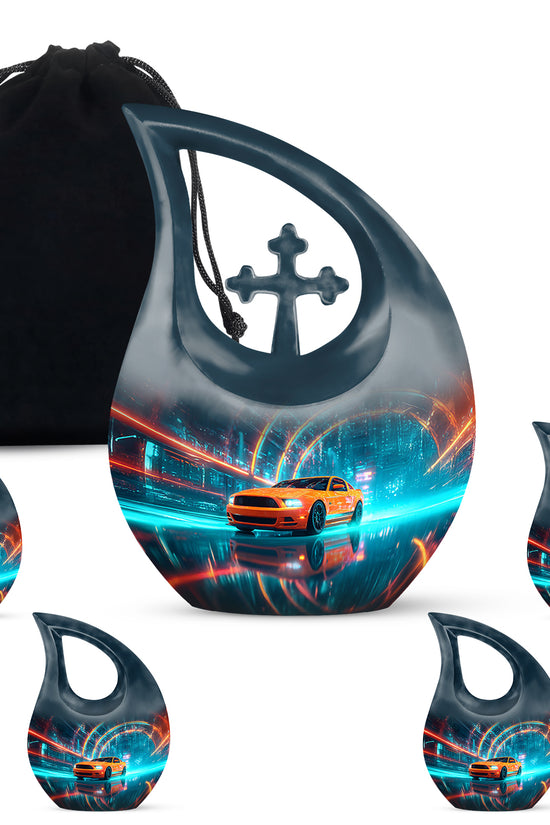 Calming Blue Car Cremation Urn urn with complimentary velvet bag - devotional cross-drop car engraving - memorial set with one large and four small urns