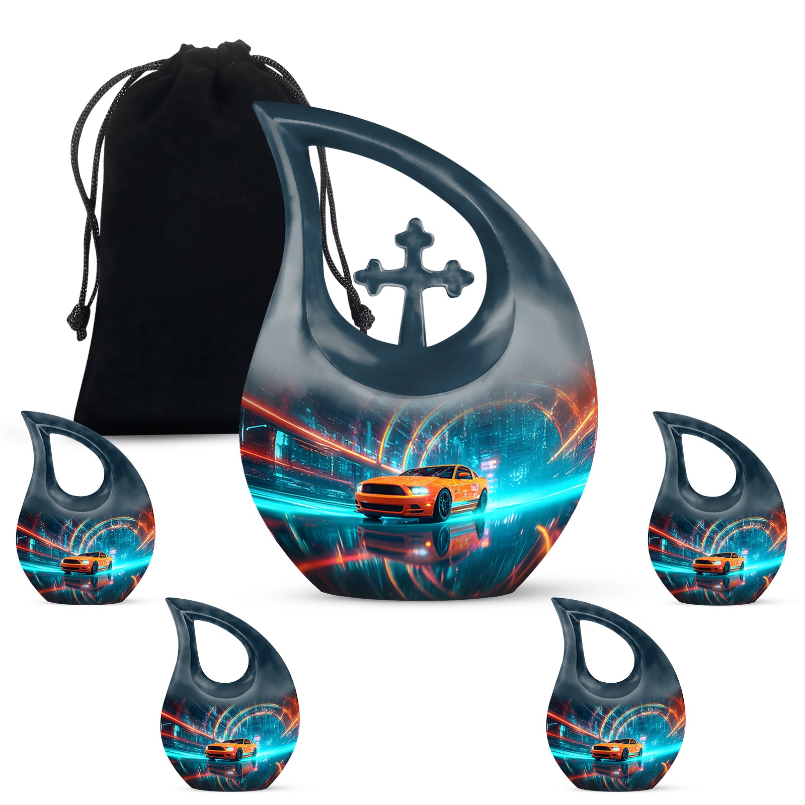 Calming Blue Car Cremation Urn urn with complimentary velvet bag - devotional cross-drop car engraving - memorial set with one large and four small urns