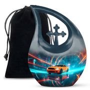 Azure Car Cremation Urn top-down view of secure threaded lid - cross and car combined in spiritual memorial design - full-size 10 inch 200 cubic inch adult cremation urn