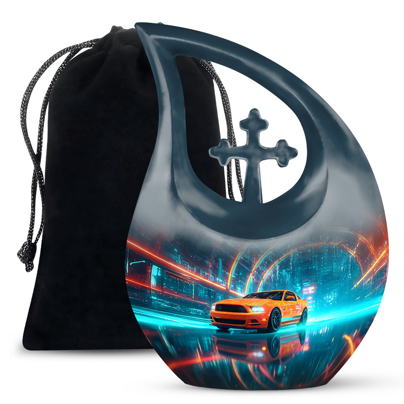 Azure Car Cremation Urn top-down view of secure threaded lid - cross and car combined in spiritual memorial design - full-size 10 inch 200 cubic inch adult cremation urn