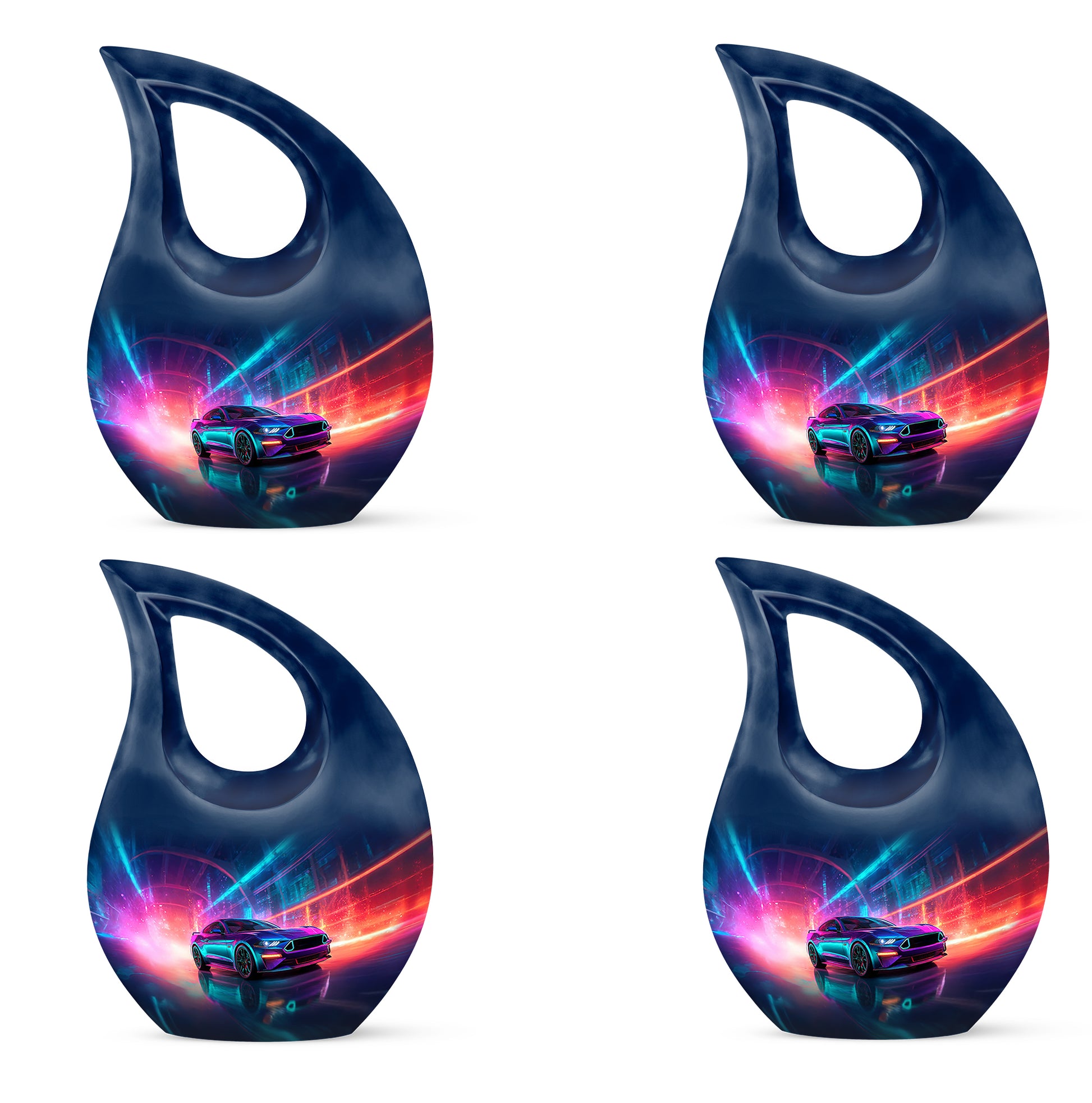 Celestial Blue Car Cremation Urn lifestyle display on memorial shelf - cross and car combined in spiritual memorial design - 10 inch aluminum urn for cremated remains