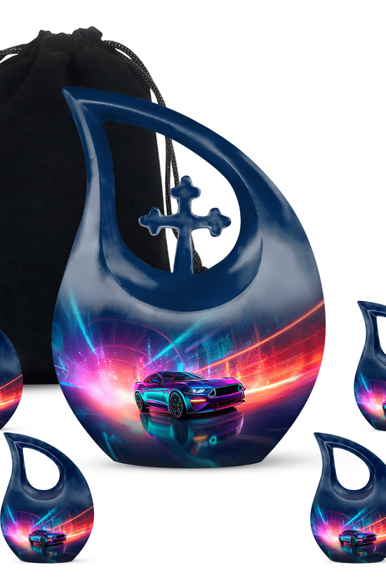 Twilight Blue Car Cremation Urn urn with complimentary velvet bag - devotional cross-drop car engraving - memorial set with one large and four small urns