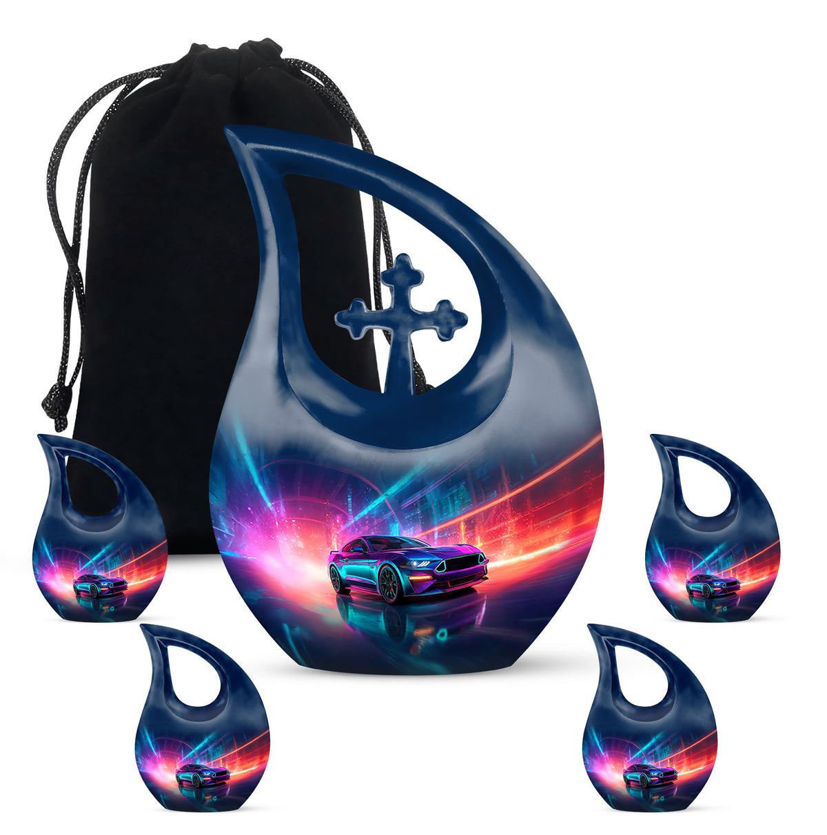 Twilight Blue Car Cremation Urn urn with complimentary velvet bag - devotional cross-drop car engraving - memorial set with one large and four small urns