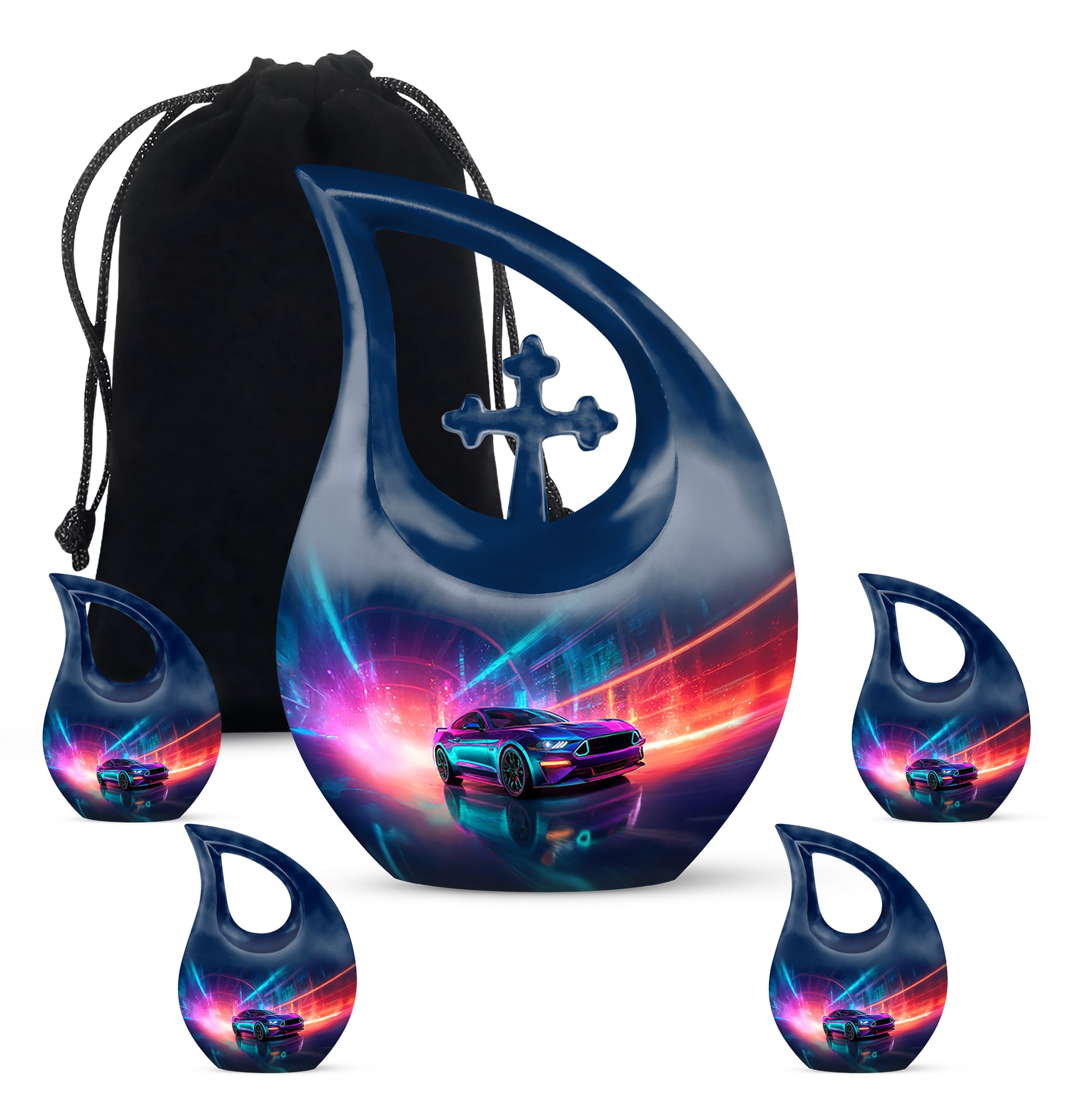Twilight Blue Car Cremation Urn urn with complimentary velvet bag - devotional cross-drop car engraving - memorial set with one large and four small urns