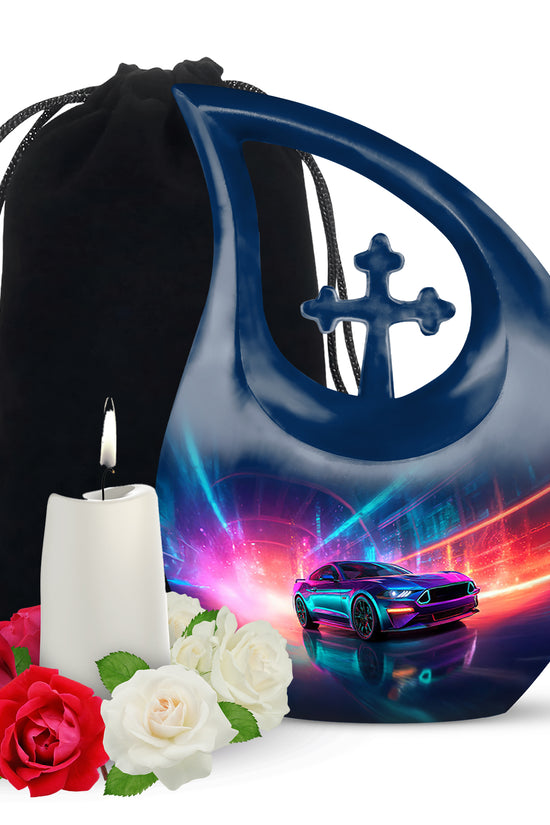 Soft Blue Car Cremation Urn top-down view of secure threaded lid - devotional cross-drop car engraving - full-size 10 inch 200 cubic inch adult cremation urn