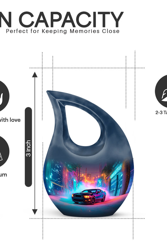 Soft Blue Car Cremation Urn back view with polished surface - faith-inspired cross-drop urn with car pattern - mini keepsake memorial for portion of cremation ashes