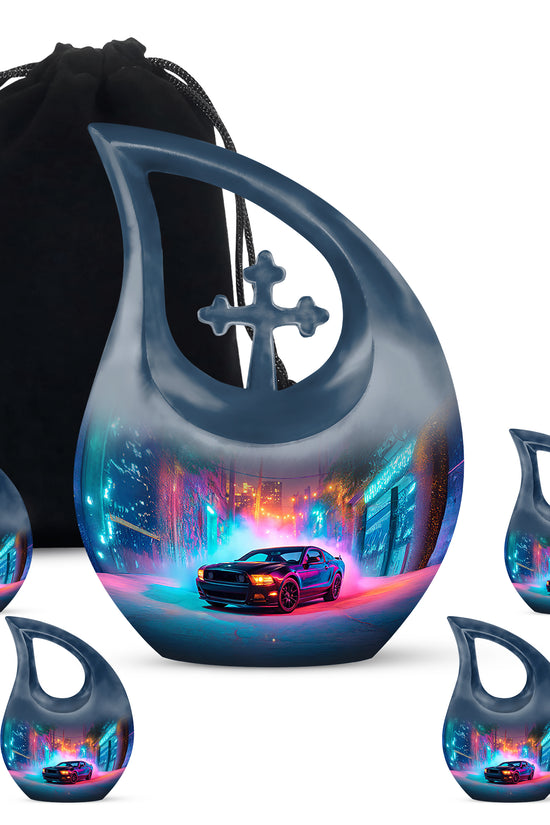 Soft Blue Car Cremation Urn urn with complimentary velvet bag - faith-inspired cross-drop urn with car pattern - memorial set with one large and four small urns