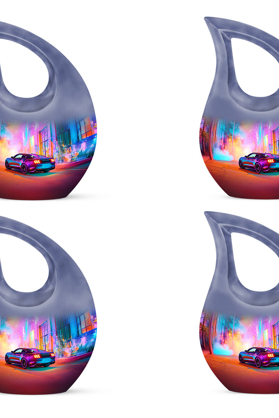 Violet Purple Car Cremation Urn lifestyle display on memorial shelf - faith-inspired cross-drop urn with car pattern - 10 inch aluminum urn for cremated remains
