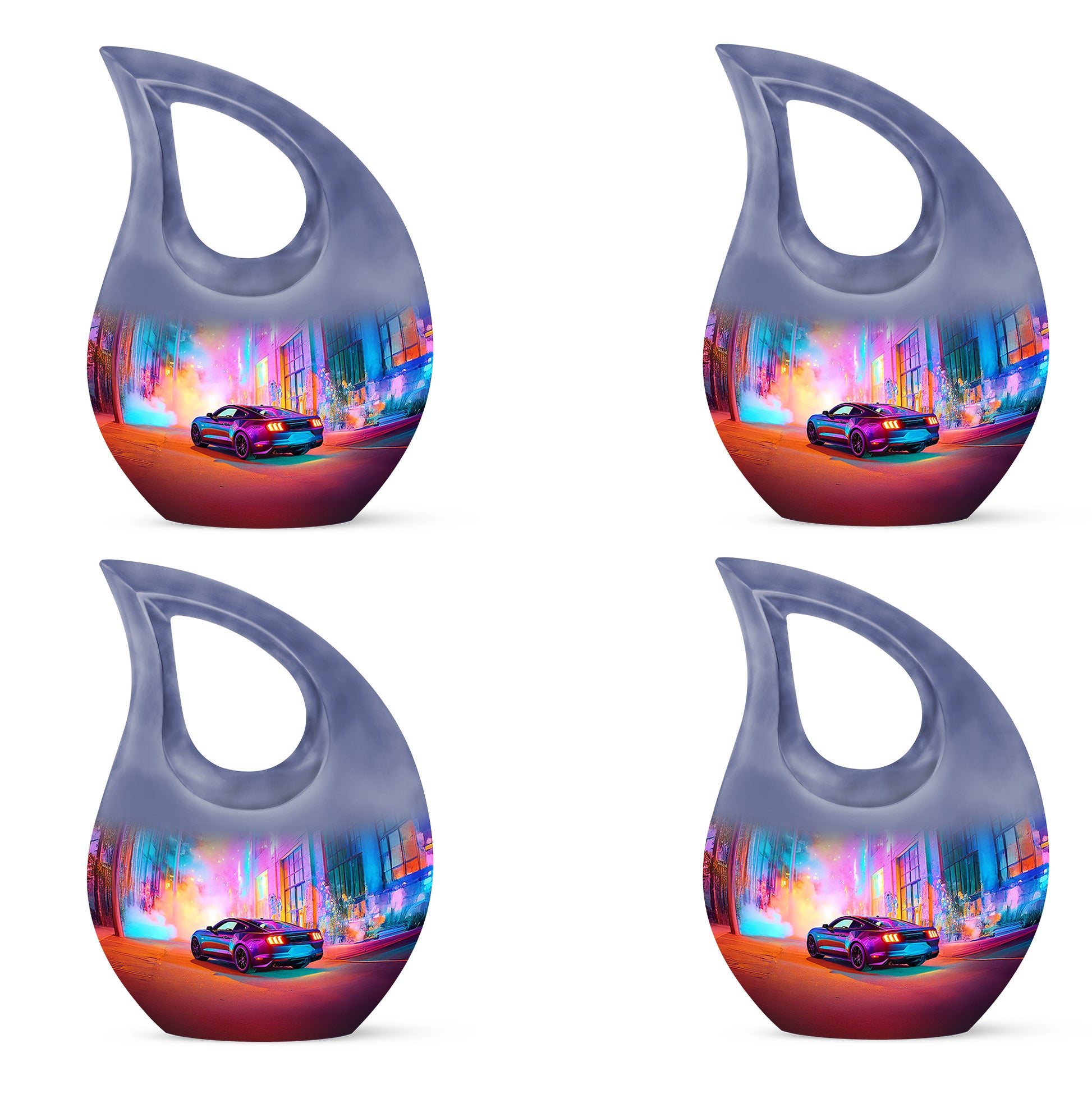 Violet Purple Car Cremation Urn lifestyle display on memorial shelf - faith-inspired cross-drop urn with car pattern - 10 inch aluminum urn for cremated remains