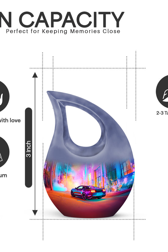 Plum Purple Car Cremation Urn back view with polished surface - sacred cross merged with car motif on metal - mini keepsake memorial for portion of cremation ashes