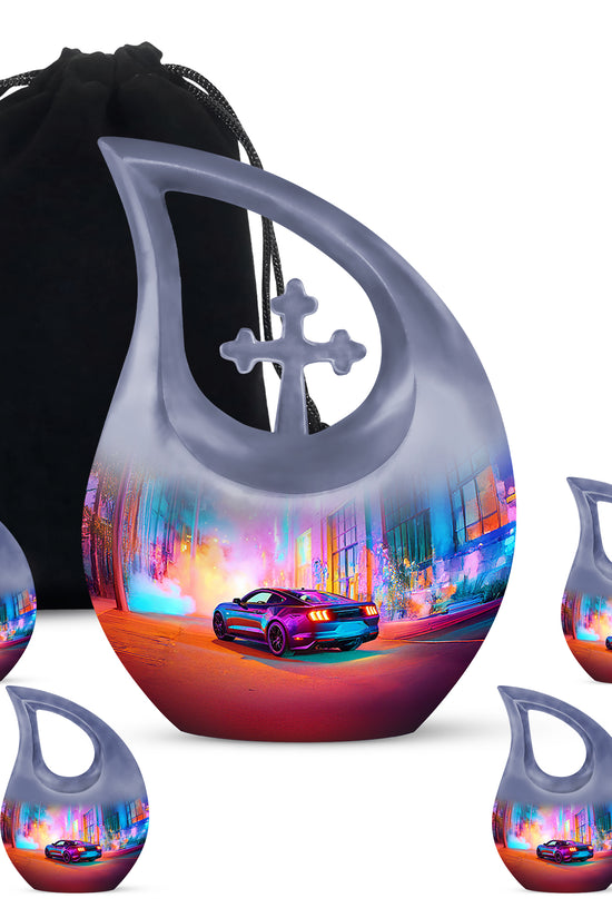 Amethyst Purple Car Cremation Urn urn with complimentary velvet bag - cross and car combined in spiritual memorial design - memorial set with one large and four small urns