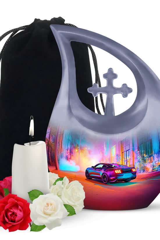 Majestic Purple Car Cremation Urn top-down view of secure threaded lid - sacred cross merged with car motif on metal - full-size 10 inch 200 cubic inch adult cremation urn