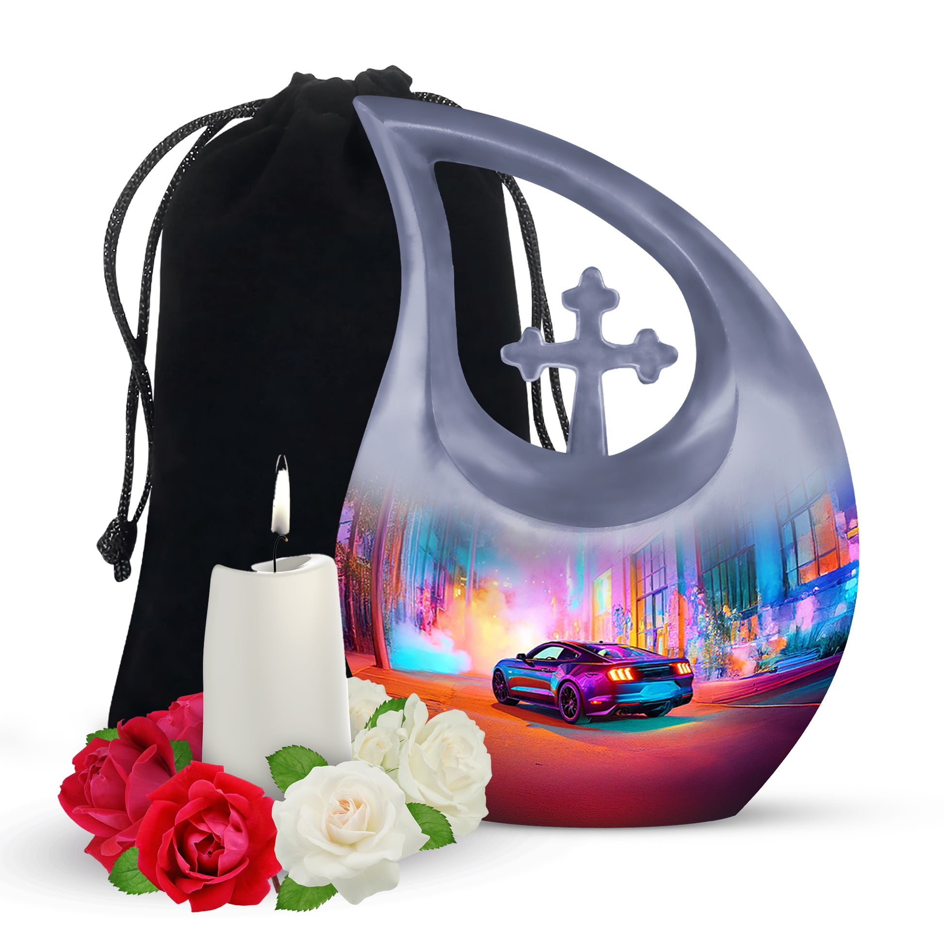 Majestic Purple Car Cremation Urn top-down view of secure threaded lid - sacred cross merged with car motif on metal - full-size 10 inch 200 cubic inch adult cremation urn