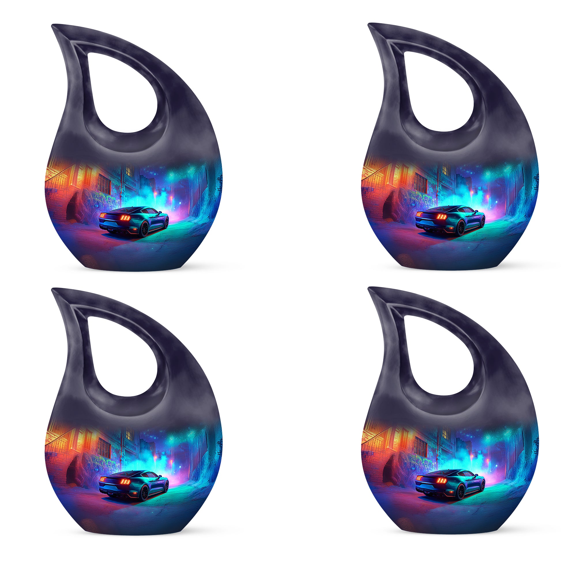 Sky Blue Car Cremation Urn lifestyle display on memorial shelf - sacred cross merged with car motif on metal - 10 inch aluminum urn for cremated remains