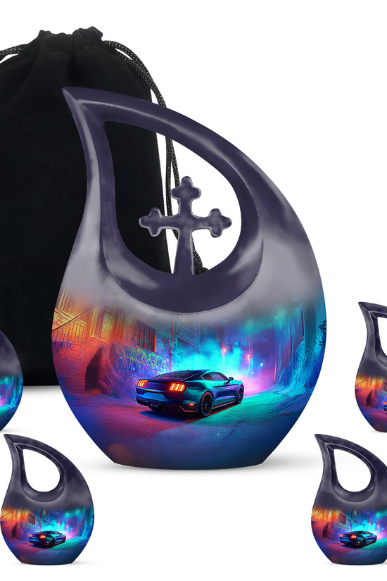Sapphire Blue Car Cremation Urn urn with complimentary velvet bag - faith-inspired cross-drop urn with car pattern - memorial set with one large and four small urns