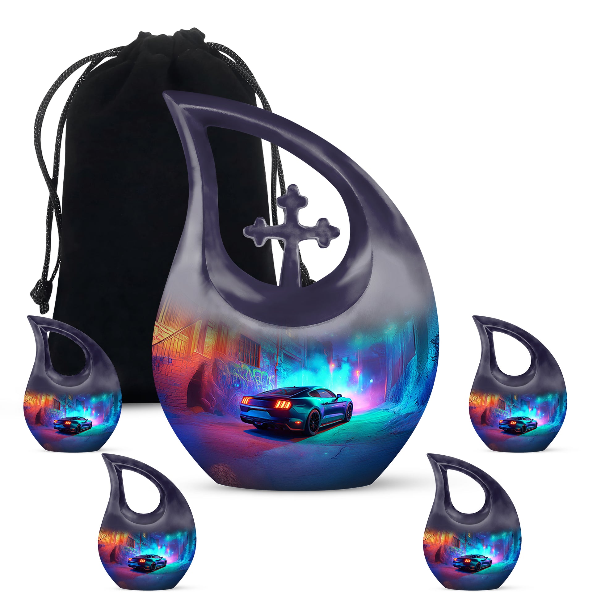 Sapphire Blue Car Cremation Urn urn with complimentary velvet bag - faith-inspired cross-drop urn with car pattern - memorial set with one large and four small urns