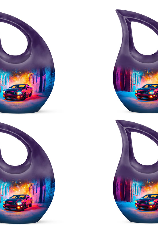 Lavender Purple Car Cremation Urn lifestyle display on memorial shelf - faith-inspired cross-drop urn with car pattern - 10 inch aluminum urn for cremated remains