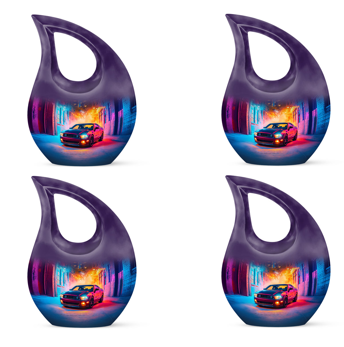 Lavender Purple Car Cremation Urn lifestyle display on memorial shelf - faith-inspired cross-drop urn with car pattern - 10 inch aluminum urn for cremated remains