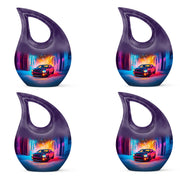 Lavender Purple Car Cremation Urn lifestyle display on memorial shelf - faith-inspired cross-drop urn with car pattern - 10 inch aluminum urn for cremated remains