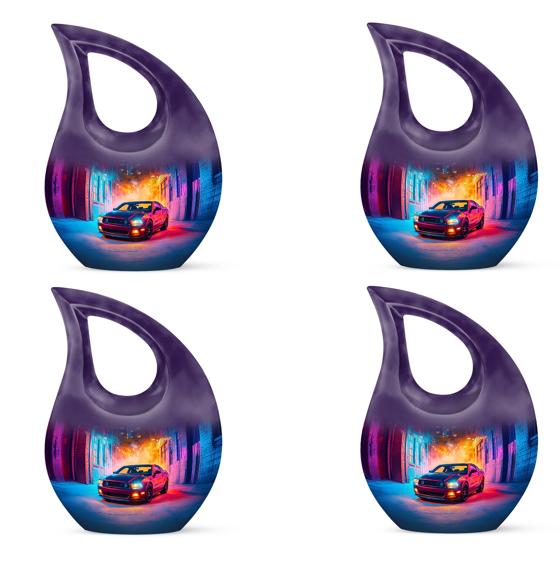 Lavender Purple Car Cremation Urn lifestyle display on memorial shelf - faith-inspired cross-drop urn with car pattern - 10 inch aluminum urn for cremated remains