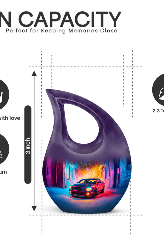 Orchid Purple Car Cremation Urn back view with polished surface - cross and car combined in spiritual memorial design - mini keepsake memorial for portion of cremation ashes