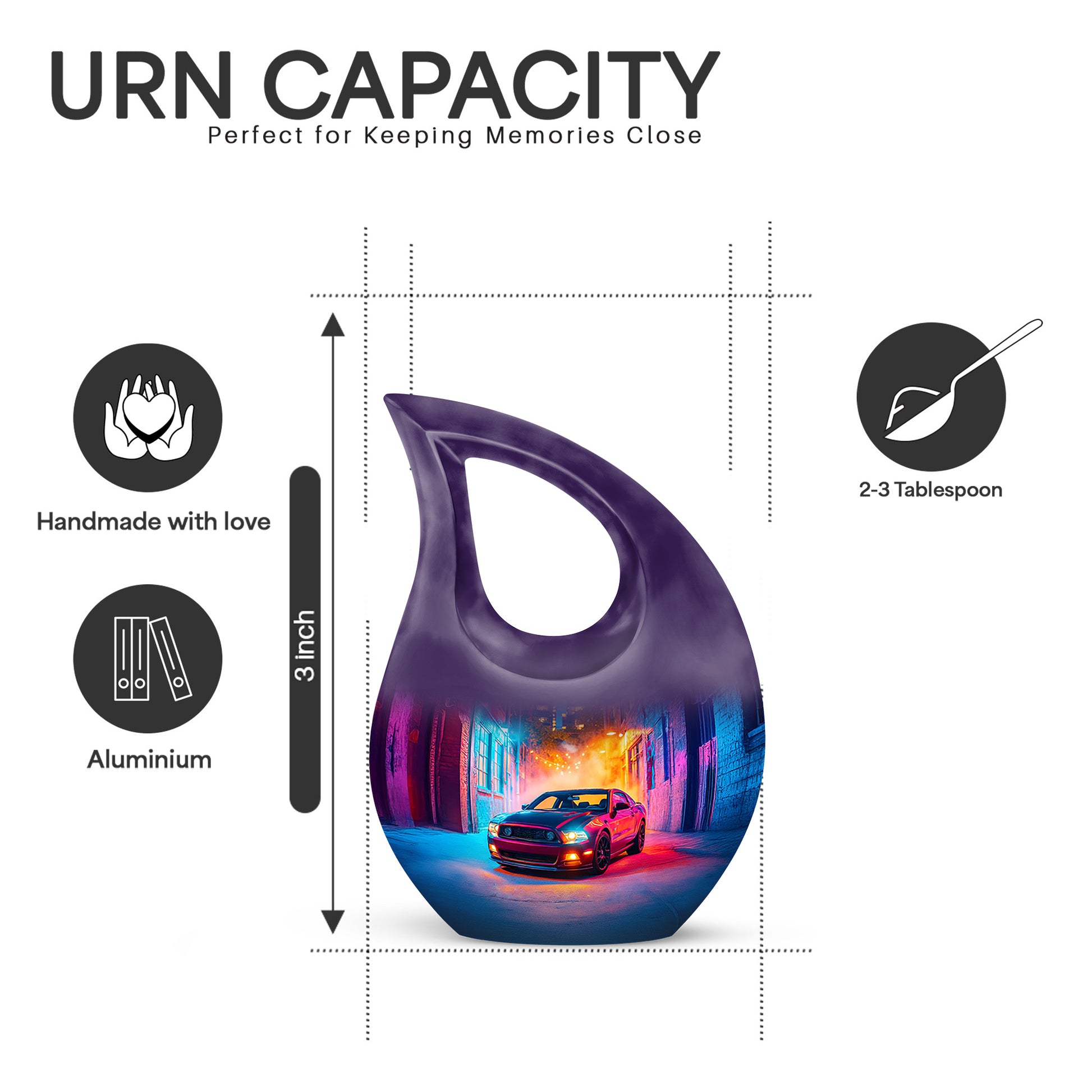Orchid Purple Car Cremation Urn back view with polished surface - cross and car combined in spiritual memorial design - mini keepsake memorial for portion of cremation ashes
