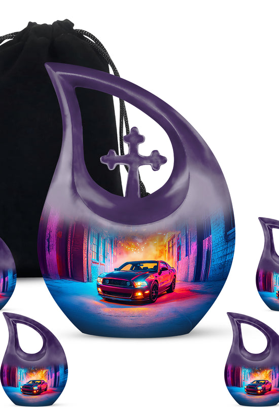 Grape Purple Car Cremation Urn urn with complimentary velvet bag - devotional cross-drop car engraving - memorial set with one large and four small urns