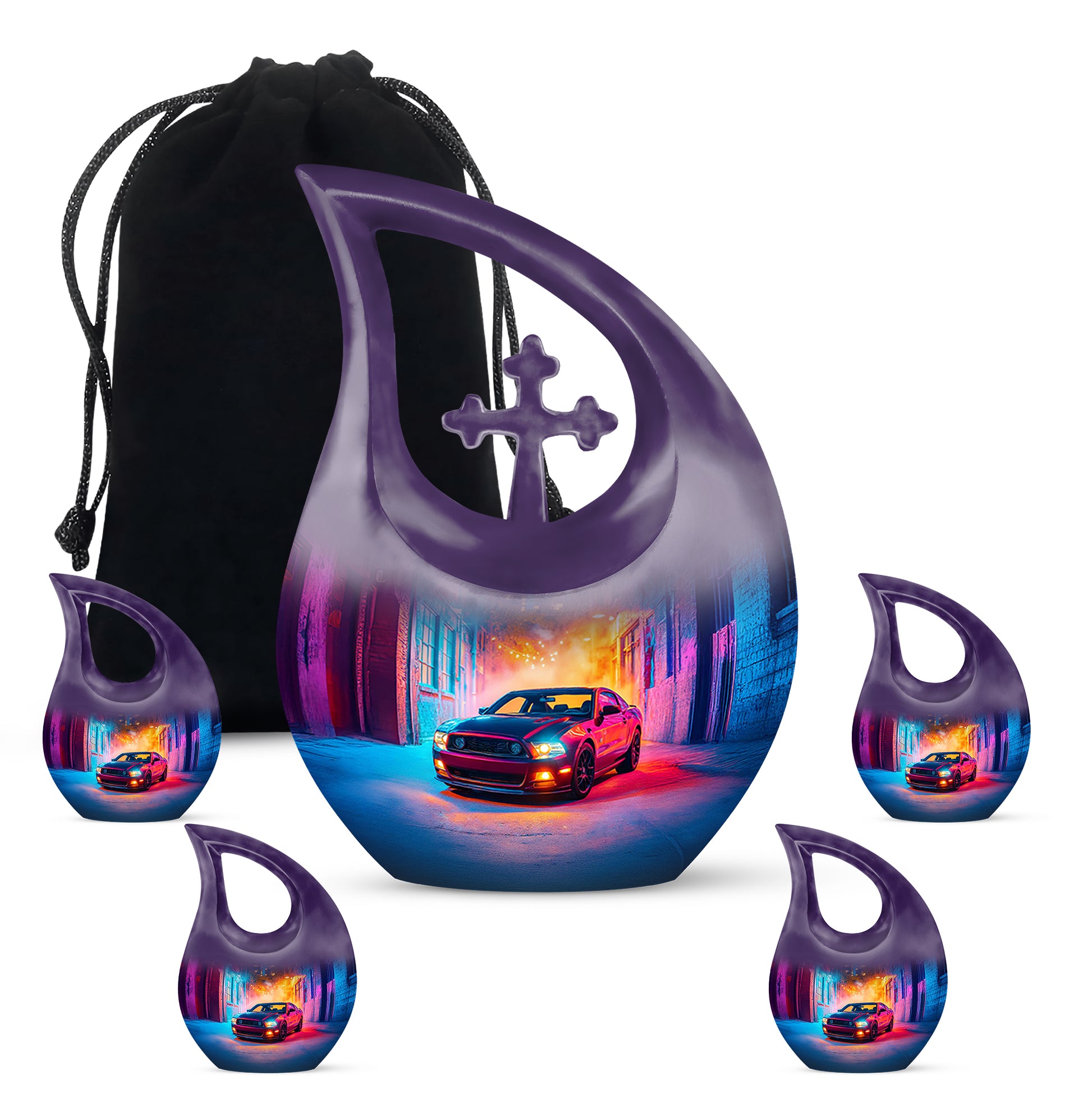 Grape Purple Car Cremation Urn urn with complimentary velvet bag - devotional cross-drop car engraving - memorial set with one large and four small urns