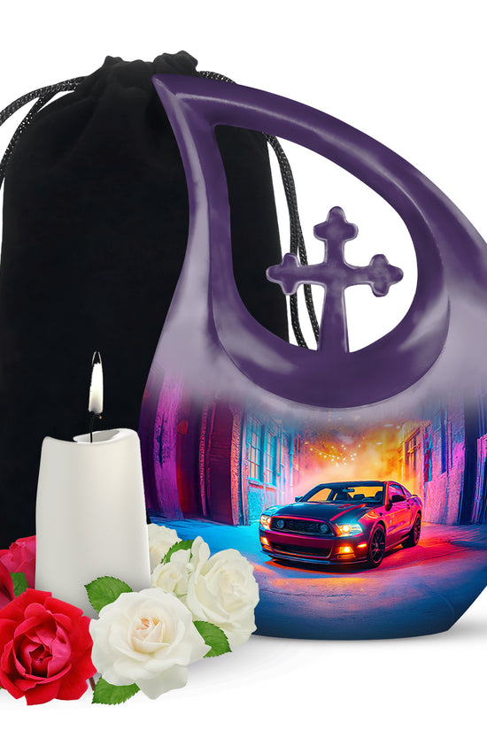 Majestic Purple Car Cremation Urn top-down view of secure threaded lid - cross and car combined in spiritual memorial design - full-size 10 inch 200 cubic inch adult cremation urn