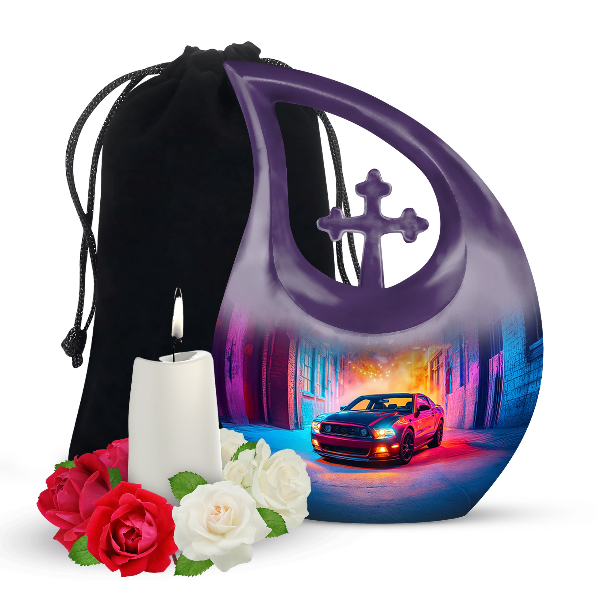 Majestic Purple Car Cremation Urn top-down view of secure threaded lid - cross and car combined in spiritual memorial design - full-size 10 inch 200 cubic inch adult cremation urn