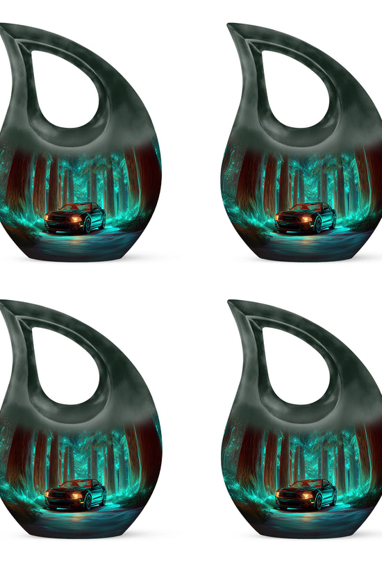 Deep Teal Car Cremation Urn lifestyle display on memorial shelf - devotional cross-drop car engraving - 10 inch aluminum urn for cremated remains